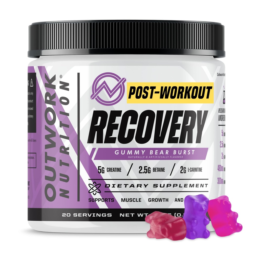 Outwork Nutrition Post Workout Recovery Powder - Creatine Monohydrate, KSM-66 Ashwagandha & Tart Cherry - Speeds Recovery, Eases Soreness - Creatine Powder for Men & Women, Gummy Bear Burst, 230 Gr