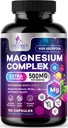 Magnesium Complex Supplement - Magnesium 500 mg Per Serving - 4 in 1 High Absorption Blend - 100% Chelated Magnesium Glycinate with Malate, Citrate & Oxide - Vegan Complex - USA Bottled - 120 Capsules