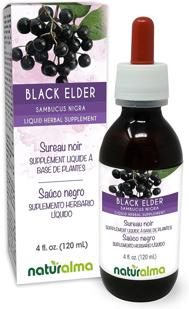 Naturalma Black Elder (Sambucus nigra) Λουλούδι (Elderflower) και Φρούτα (Elderberry) Αλκοόλ-ελεύθερο Βάμμα - 4 fl oz Liquid Extract in Drops - φυτικό συμπλήρωμα - Vegan