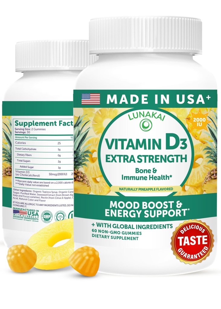 Lunakai ΗΠΑ Φτιαγμένη βιταμίνη D3 Gummies 2000 IU - Μη-ΓΤΟ, χωρίς γλουτένη Βιταμίνη D Gummies για γυναίκες & άνδρες - Οστά, ανοσοποιητική & ενεργειακή υποστήριξη, 60ct