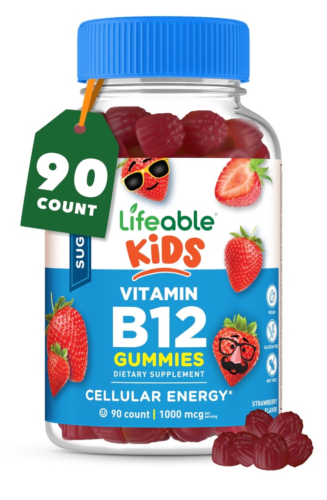 Lifeable Sugar Free Kids Vitamin B12 Gummies | 1000 mcg | Great Tasting B12 Vitamins for Kids | Energy, Mood, and Metabolism Support | B 12 Vitamin Gummies for Boys and Girls | 90 Gummies