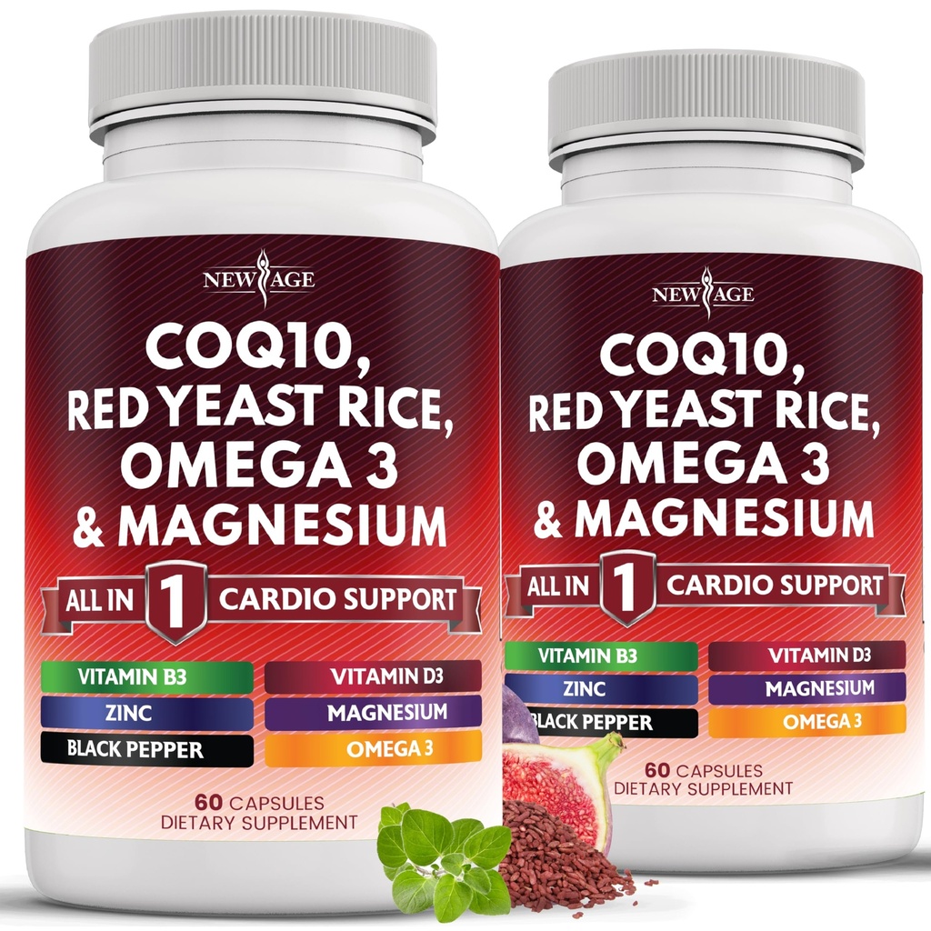 NEW AGE COQ10 200mg Red Yeast Rice 3000mg Omega 3-6-9 3000mg Magnesium Complex 500mg Zinc Vitamin K2 D3 - Βιταμίνες για γυναίκες και άνδρες με βιταμίνη Β3, Coenzyme Q10-120 Count
