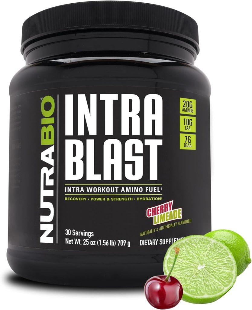 NutraBio Intra Blast Bcaa Powder Amino Acid Supplement, Ηλεκτρολύτη & Ενυδατική Μείξη, Intra, Pre Processing & Mus Recovery, 20g Eaa Amino Acids Powder, 5g Glutamine- Cherry Limeade, 30 Serving
