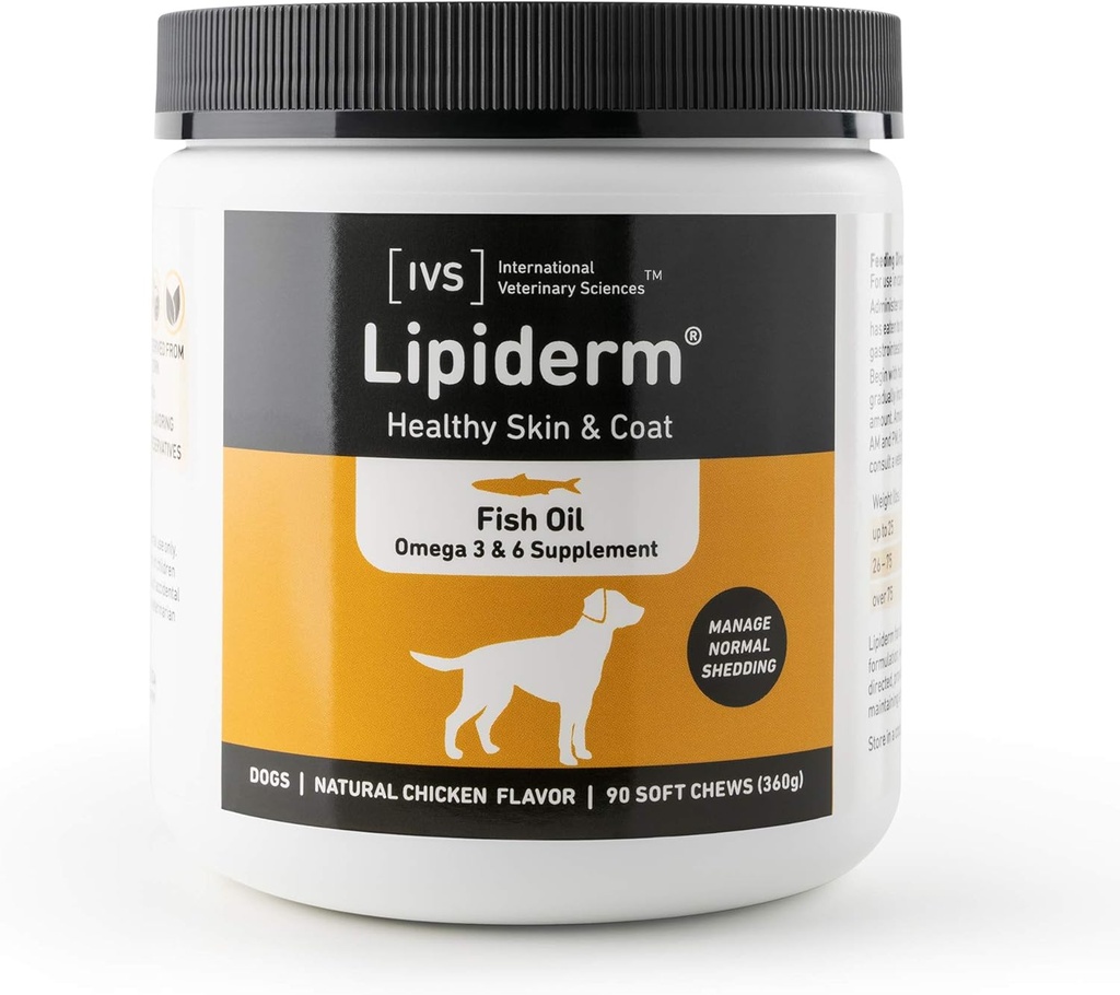 Νέες Διεθνείς Κτηνιατρικές Επιστήμες IVS Lipiderm Δέρμα και Επίστρωμα ιχθυέλαιο Ωμέγα 3 και 6 Συμπλήρωμα διατροφής Σκύλοι, Κατασκευασμένο στις ΗΠΑ (Soft Chews, 90 Count)