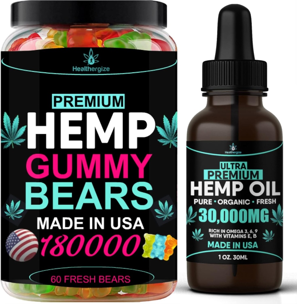 2Pack Hemp Oil and Hemp Gummies Gummy Bears Combo Set-Ειρήνη και χαλάρωση, ανακούφιση, καταπραϋντικό, δυσφορία, ύπνος-πλήρης σώμα υψηλής φροντίδας-Made στις ΗΠΑ