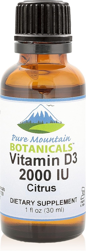 Pure Mountain Botanicals Γεύση Βιταμίνη D σταγόνες – Πορτοκαλί και λεμόνι Γεύση Υγρή βιταμίνη D3-2000iu ανά Σερβίρισμα - 1 ουγκί μπουκάλι