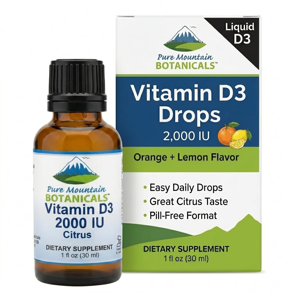 Pure Mountain Botanicals Γεύση Βιταμίνη D σταγόνες – Πορτοκαλί και λεμόνι Γεύση Υγρή βιταμίνη D3-2000iu ανά Σερβίρισμα - 1 ουγκί μπουκάλι