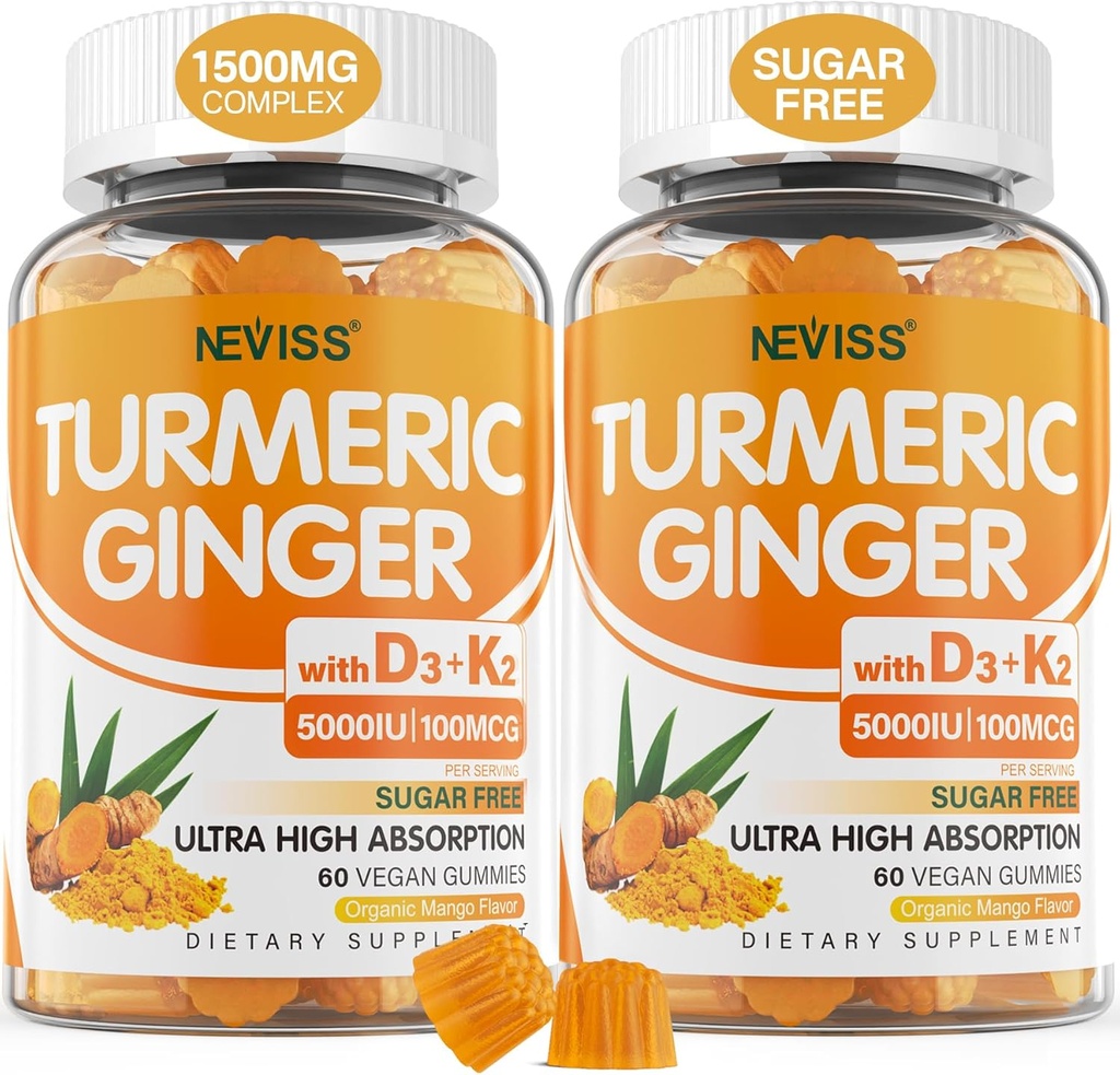 Χωρίς ζάχαρη Turmeric Ginger Gummies με 5000 IU βιταμίνης D3 & K2 (MK7), C - Vegan Turmeric Συμπλήρωμα Gummies για Ενήλικες 1500mg με Μαύρο Πιπέρι, Υποστηρίζει Οστό, Ανοσοποιητικό & Πεπτικό Υγεία - 120 Cts
