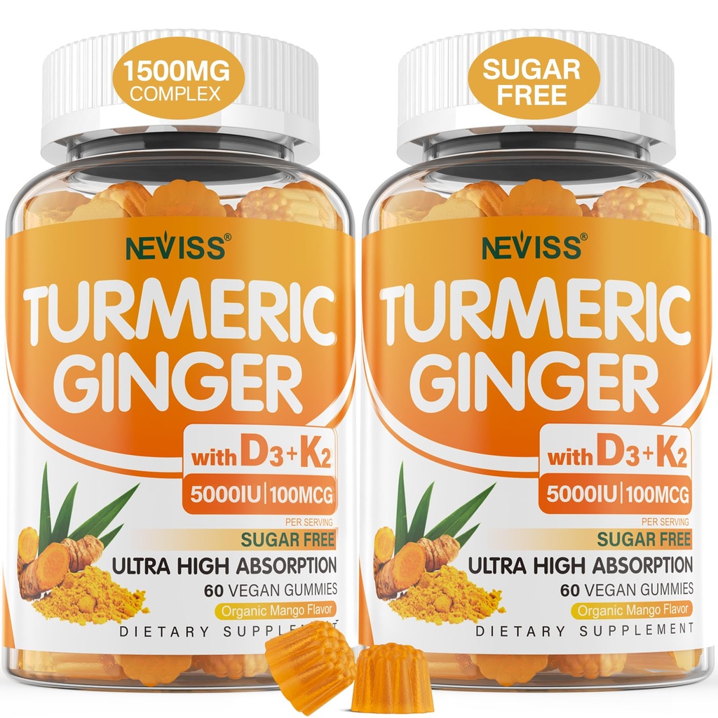 Turmeric and Ginger Gummies Supplement 1500mg w/Vitamin D3 5000 IU, K2 (MK7) & Black Pepper, Sugar Free Vegan Ginger and Turmeric Curcumin Supplements Gummy for Bone, Immune & Digestive Health, 120ct