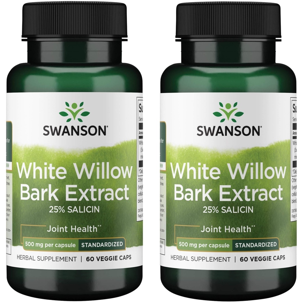Swanson White Willow Bark Extract 500 mg, 60 Veg Capsules, 2 Pack | Maximum-Strength White Willow Bark Standardized to 25% Salicin to Promote Joint Support and Muscle Relief Without Irritation