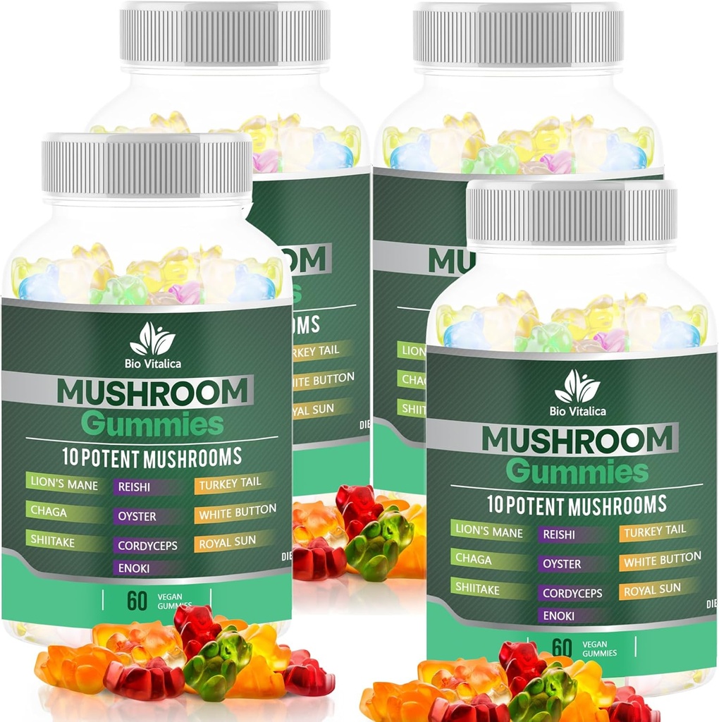 BIO VITALICA Mushroom Gummies – 10 Mushroom Complex with Lion’s Mane, Reishi, Chaga, Cordyceps & More – Fruity Vegan Gummies – Non-GMO, Gluten-Free, Plant-Based – 4 Packs