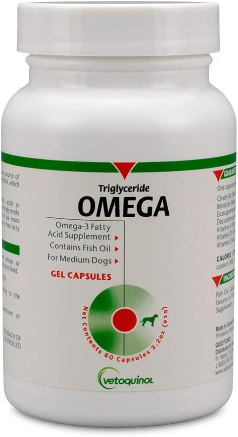 Vetoquinol Triglyceride Omega Dog Supplement Capsules, Medium-Breed: 30-60 lbs, 60ct