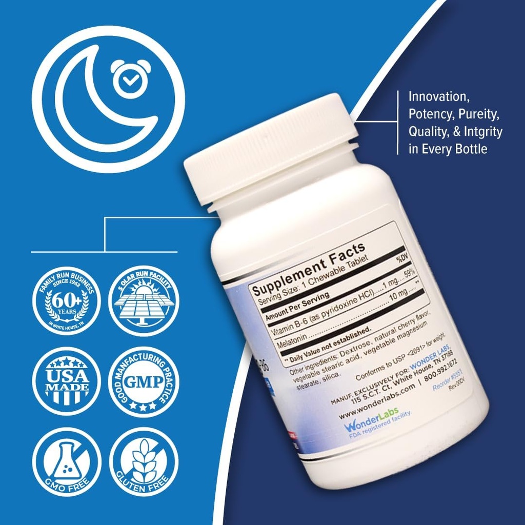 Wonder Laboratories Chewable Melatonin 10mg + B6 Fast Dissolve Helps You Fall Asleep Faster, Stay Asleep Longer 100 Count
