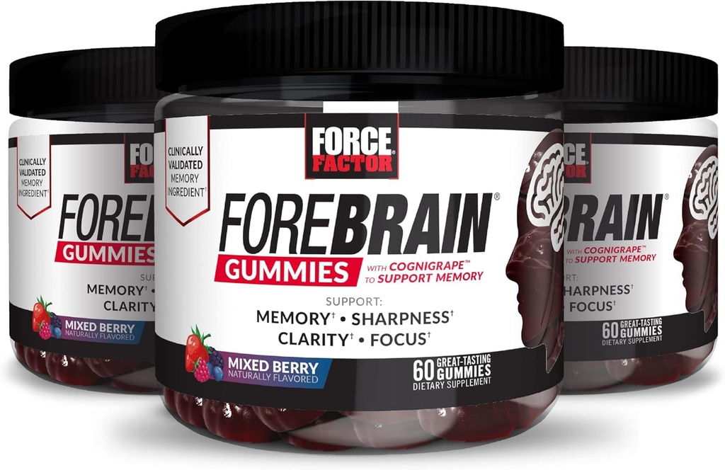 FORCE FACTOR Forebrain Gummies, 3-Pack, Nootropic Brain Support Supplement for Memory & Focus, Brain Vitamin with COGNIGRAPE & Huperzine A, Focus Gummies to Support Rechall & Sharpness, 180 Gummies