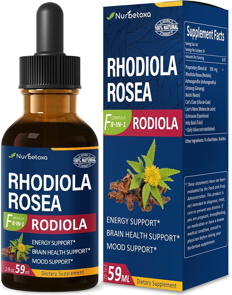 Rhodiola Rosea (Rodiola) σταγόνες εκχύλισμα, φυσικό συμπλήρωμα προσαρμογόνου/W Ashwagandha, Ginseng, Άγιος Βασίλειος, & Echinacea για την ενέργεια, την υγεία του εγκεφάλου, την ανοσοποίηση και υποστήριξη Mood. 2oz