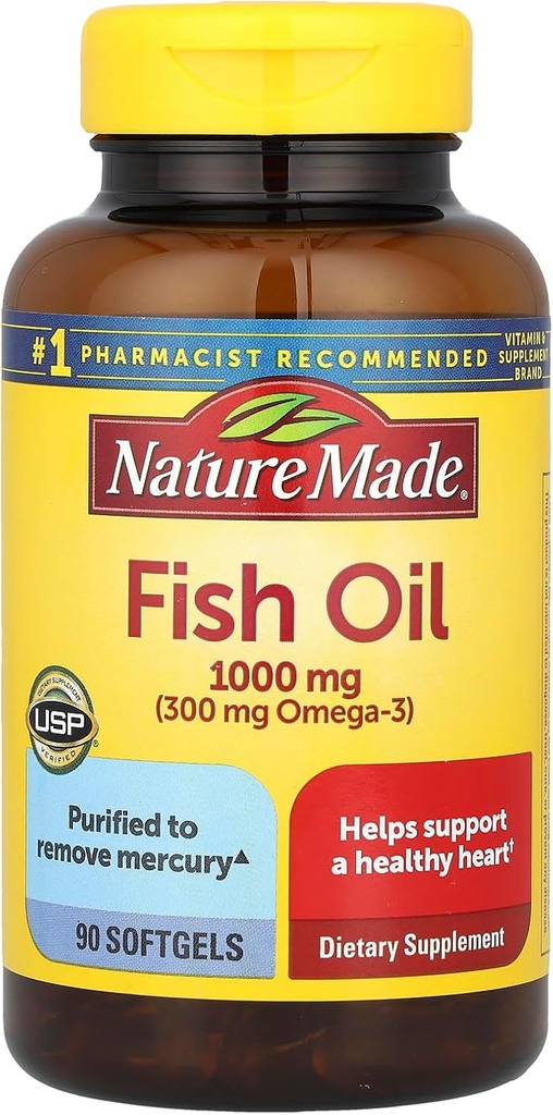 Nature Made Fish Oil 1000 mg, 90 Softgels, Fish Oil Omega 3 συμπλήρωμα για την υγεία της καρδιάς