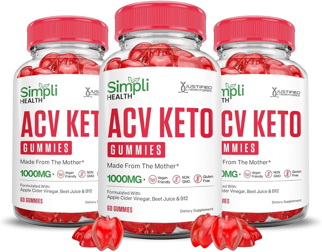 Justified Laboratories (3 Pack Simpli Health Keto ACV Gummies Advanced Formula 1000MG Μηλίτης μηλίτη παρασκευάζεται με σκόνη χυμού ρόδι B12 Vegan Non GMO 180 Gummys