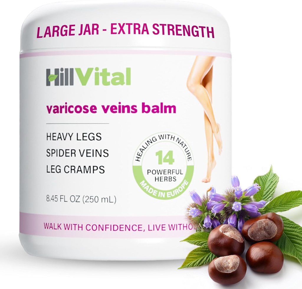HillVital Varicose Veins Θεραπεία για τα Πόδια, Φυσική κρέμα κιρσών Vein & Spider Vein Θεραπεία για τα Πόδια και Άλλα Μέρη του Σώματος, Premium Κρέμα Κάστανου Αλόγου για Παφάδες Βαφές, Εμπλουτισμένη με 14 Βότανα