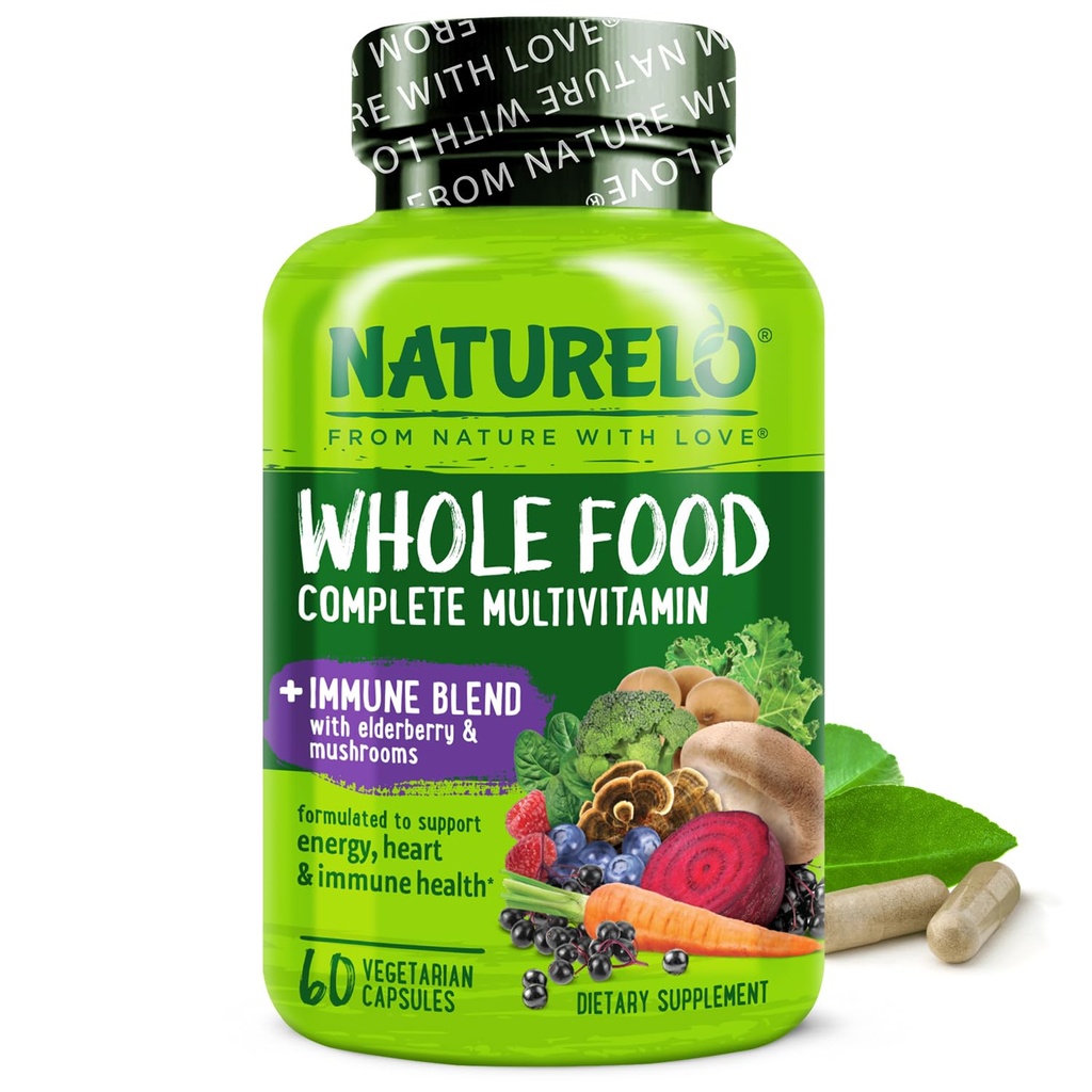 NATURELO Ολόκληρα τρόφιμα Πολυβιταμίνη + Ανοσοποιητικό μείγμα με Elderberry & Μανιτάρια - Πλήρης πολυβιταμίνη με Extra ανοσοποιητική υποστήριξη - C, D3, ψευδάργυρος, Elderberry, Reishi, Shithake - 60 Vegan Κάψουλες