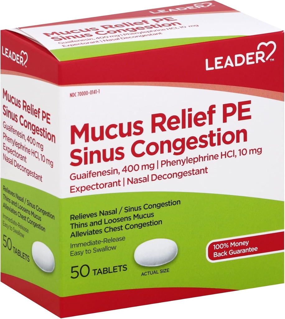 Leader Mucus Relief PE Sinus Confusion, Reventorant; Ρινική Αποσυμφορητικό, Λεπτά και Χαλαρά Mucus, Άμεση- Release, Alleviates Θώρακος Συμφόρηση, 50 δισκία