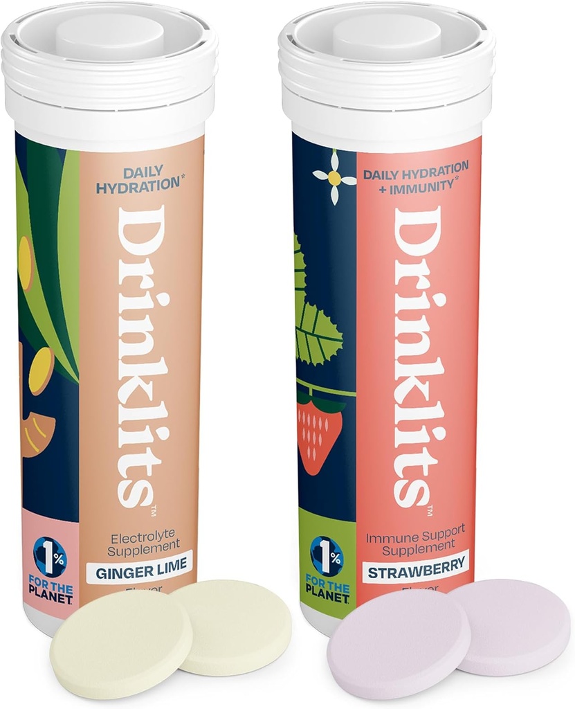 Drinklits Ginger-Lime Electrolyte Hydration & Strawberry Immunity Tablets (2) Tube Combo Pack | Great Taste – Gluten Free – Daily Use | 20 Servings (10 Tablets Per Tube)