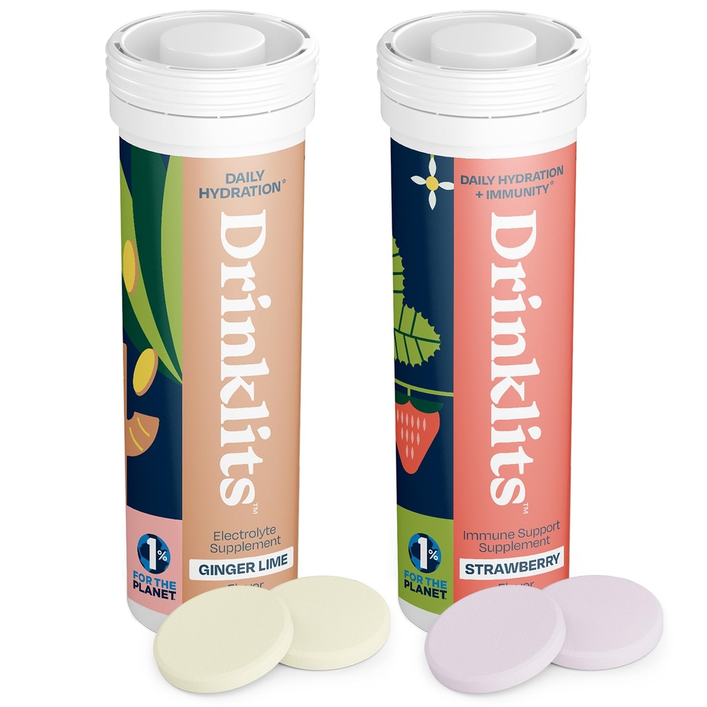 Drinklits Ginger-Lime Electrolyte Hydration & Strawberry Immunity Tablets (2) Tube Combo Pack 