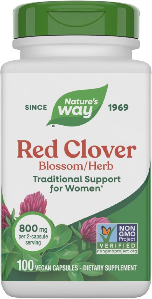 Nature's Way Red Clover Blossom Herb, Traditional Health Support for Women*, 800 mg per 2-Capsule Serving, Non-GMO Project Verified, Red Clover Supplement, 100 Vegan Capsules (Packaging May Vary)