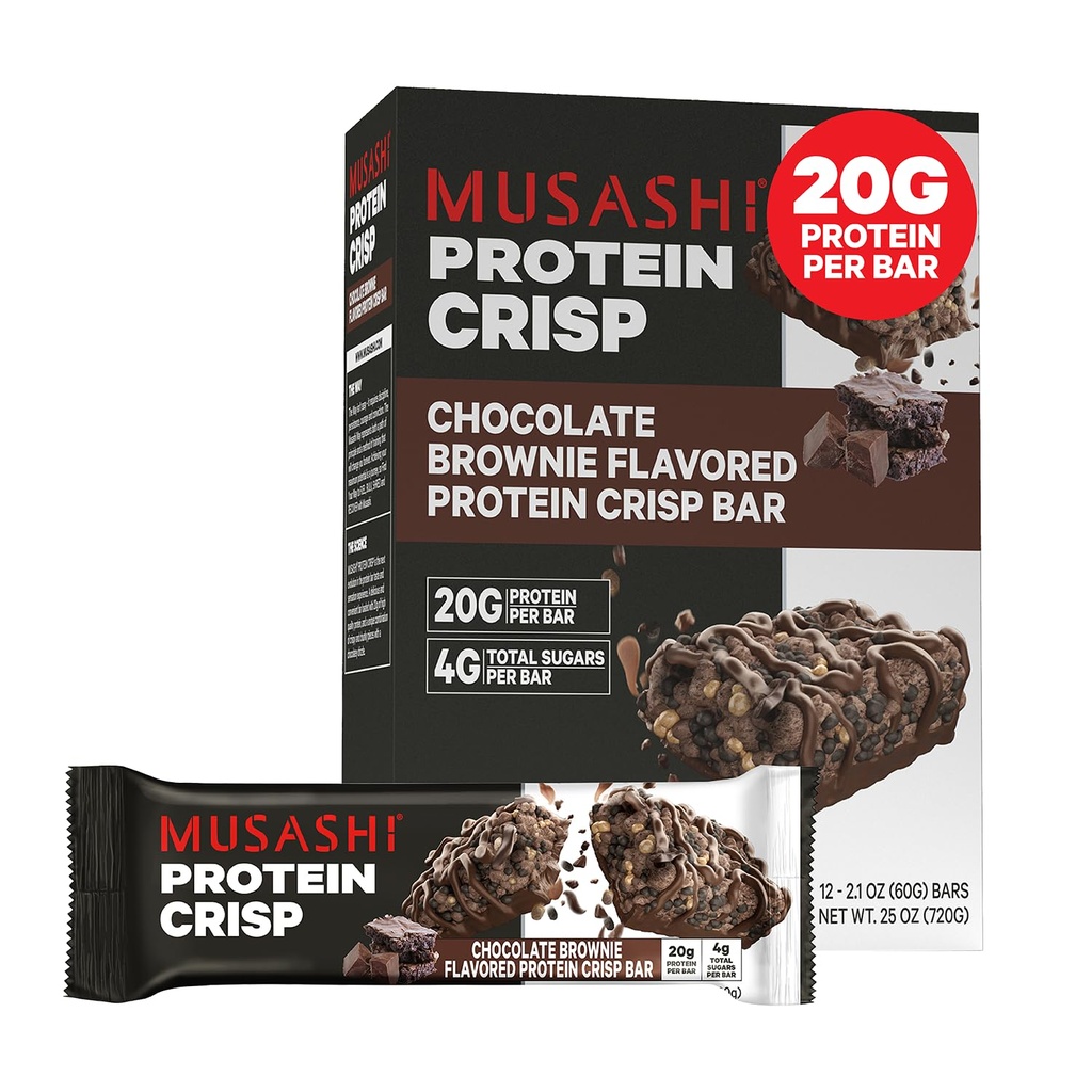 MUSASHI Protein Crisp Bar, 20g Protein, 4g Total Sugars, Chocolate Brownie, Post Workout and Snack On The Go, 12 Pack of 2.1oz (60g) Bars