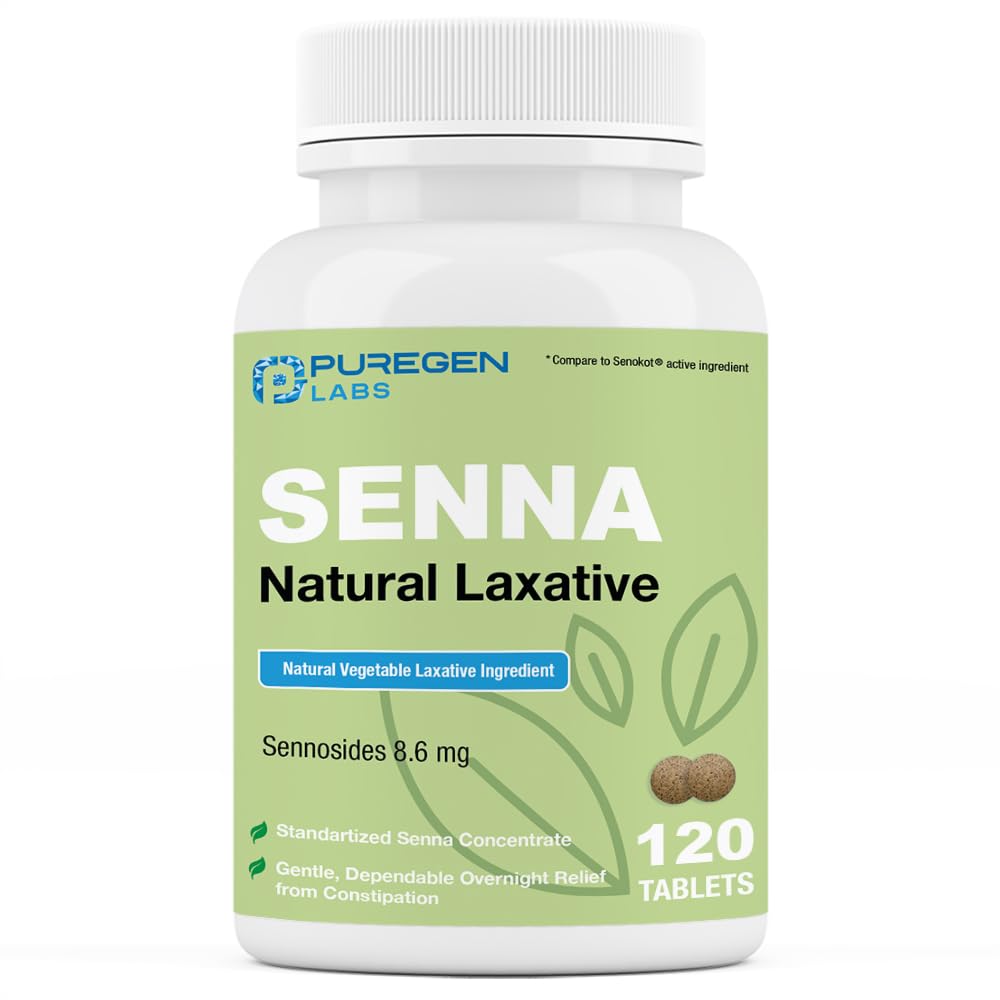 Puregen Labs Senna 8, 6 mg Tabletισκία (120 Count) – Φυσικό Sennosides Λαξικό λαχανικών για δυσκοιλιότητα, Μπλέξιμο, Αέριο, Ακανόνιστη Ανακούφιση