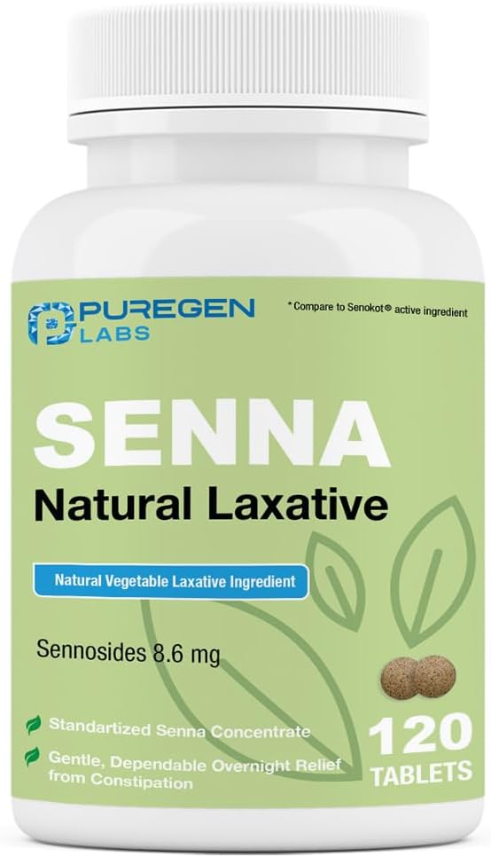 Puregen Labs Senna 8.6 mg Tablets (120 Count) – Natural Sennosides Vegetable Laxative for Constipation, Bloating, Gas, Irregularity Relief