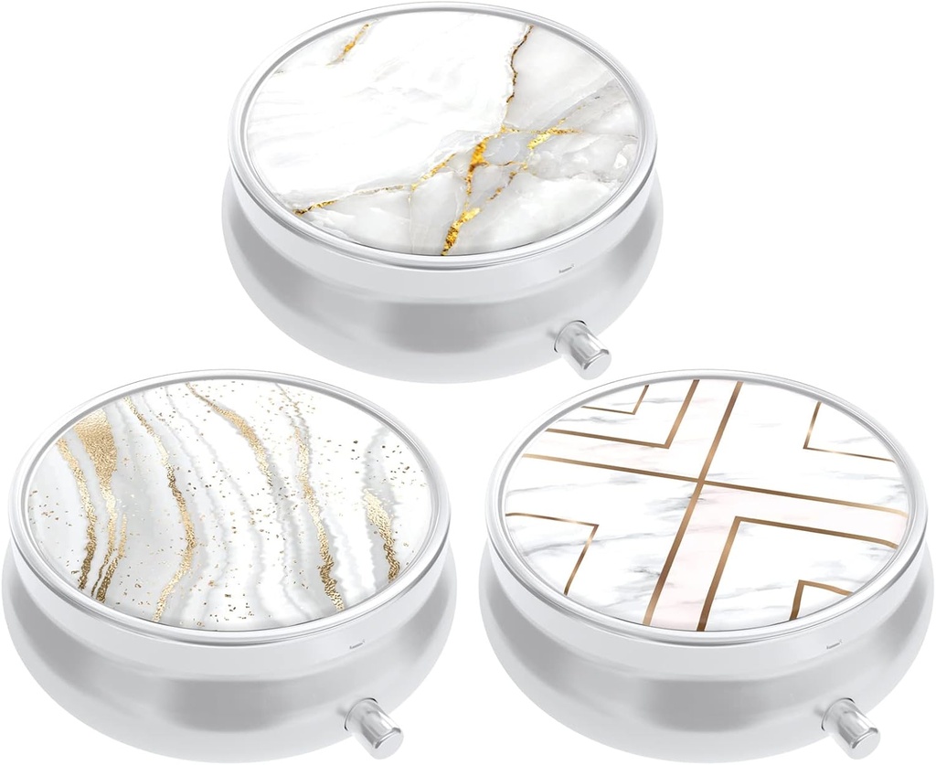 3 Pack Pill Box, μικρή θήκη χαπιών για το πουρμπουάρ & τσέπη, χαριτωμένο ταξιδιωτική ιατρική Organizer, φορητός κάτοχος εμπορευματοκιβωτίων ιατρικής για να κρατήσει βιταμίνες, φαρμακευτική αγωγή, ιχθυέλαιο & συμπλήρωμα, λευκό μάρμαρο