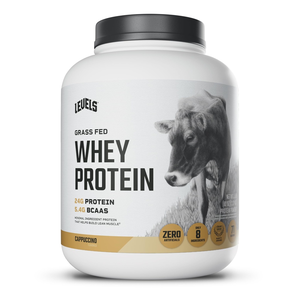 Επίπεδα Grass Fed Whey πρωτεΐνη σκόνη, χωρίς τεχνητά, 24G πρωτεΐνης, Cappuccino, 5LB