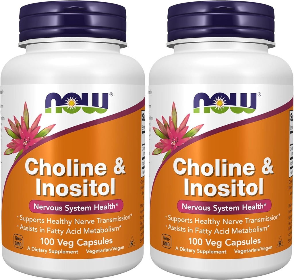 NOW Συμπληρώματα, Choline & Inositol 500 mg, Healthy Nerve Transmission*, Νευρικό Σύστημα Υγεία*, 100 Κάψουλες (Pack of 2)