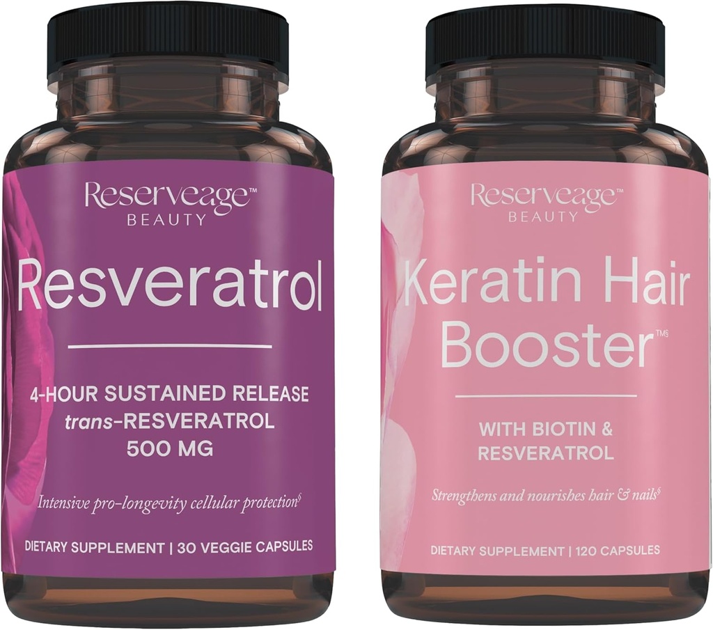 Reservage Beauty, Resveratrol 500 mg, Αντιοξειδωτικό συμπλήρωμα για την καρδιά και την κυτταρίτιδα υγεία 30 Caps & Κερατίνης Hair Booster με Biotin & Resveratrol, Hair and Nail Growth Συμπλήρωμα 120 Caps