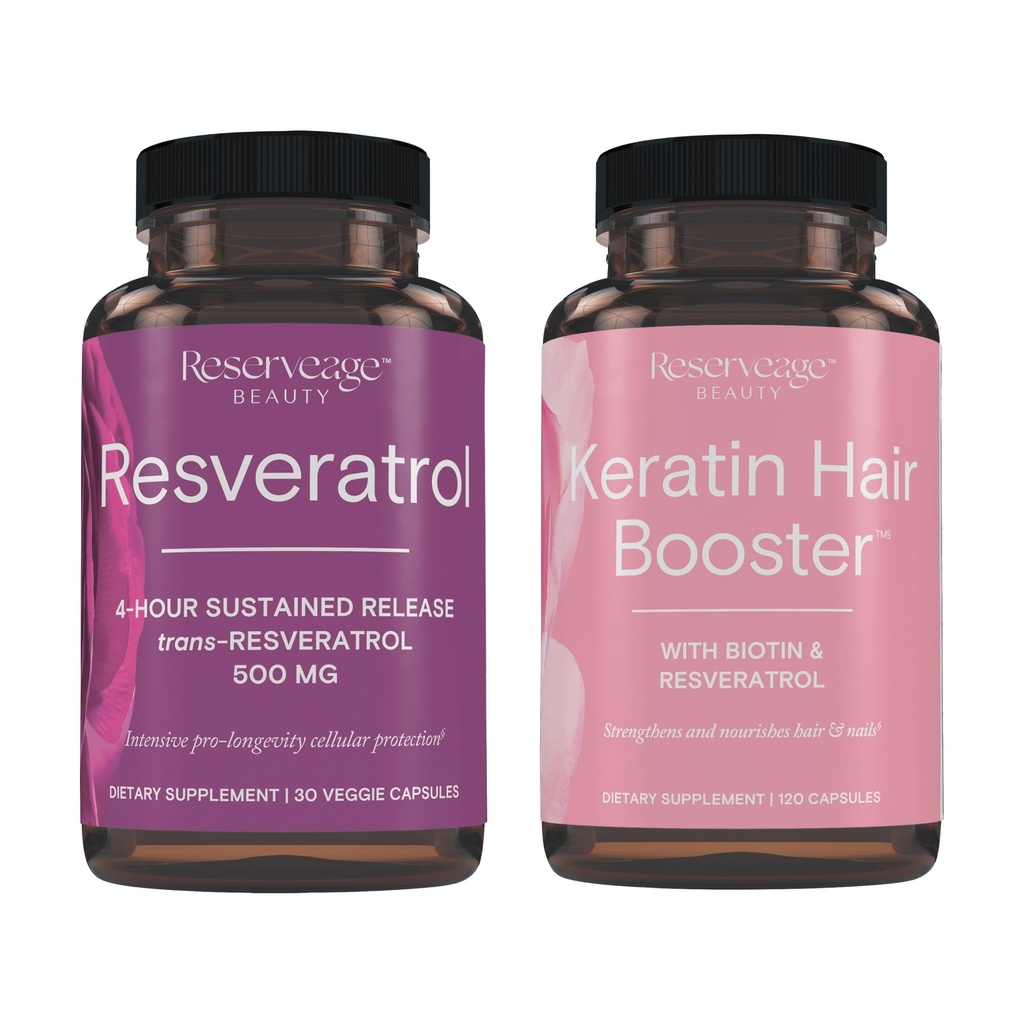 Reservage Beauty, Resveratrol 500 mg, Αντιοξειδωτικό συμπλήρωμα για την καρδιά και την κυτταρίτιδα υγεία 30 Caps & Κερατίνης Hair Booster με Biotin & Resveratrol, Hair and Nail Growth Συμπλήρωμα 120 Caps