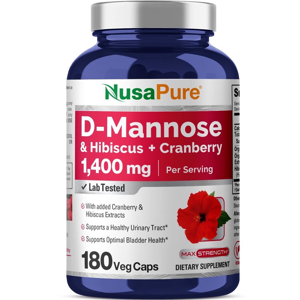 NusaPure D-Mannose Complex 1400 mg (with Hibiscus and Cranberry) - 180 Veggie Caps Non-GMO & Vegan
