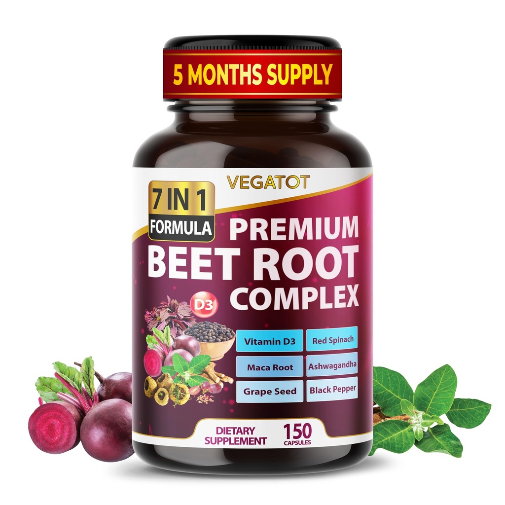VEGATOT Beet Root *USA Made and Tested* Συμπυκνωμένο με Ginseng Maca Root Ashwagandha - Ενέργεια Stamina Ανοσολογική Υποστήριξη (150 Count (Pack of 1))