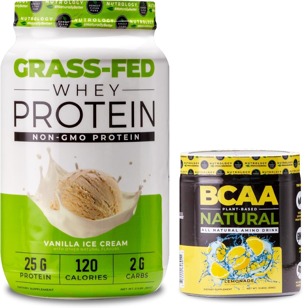 Nutrology Grass Fed Whey Protein Powder, Supports Lean Muscle Recovery & Performance, Vanilla Ice Cream Flavor (28 Servings) BCAA Natural, Lemonade Flavor (30 Servings)