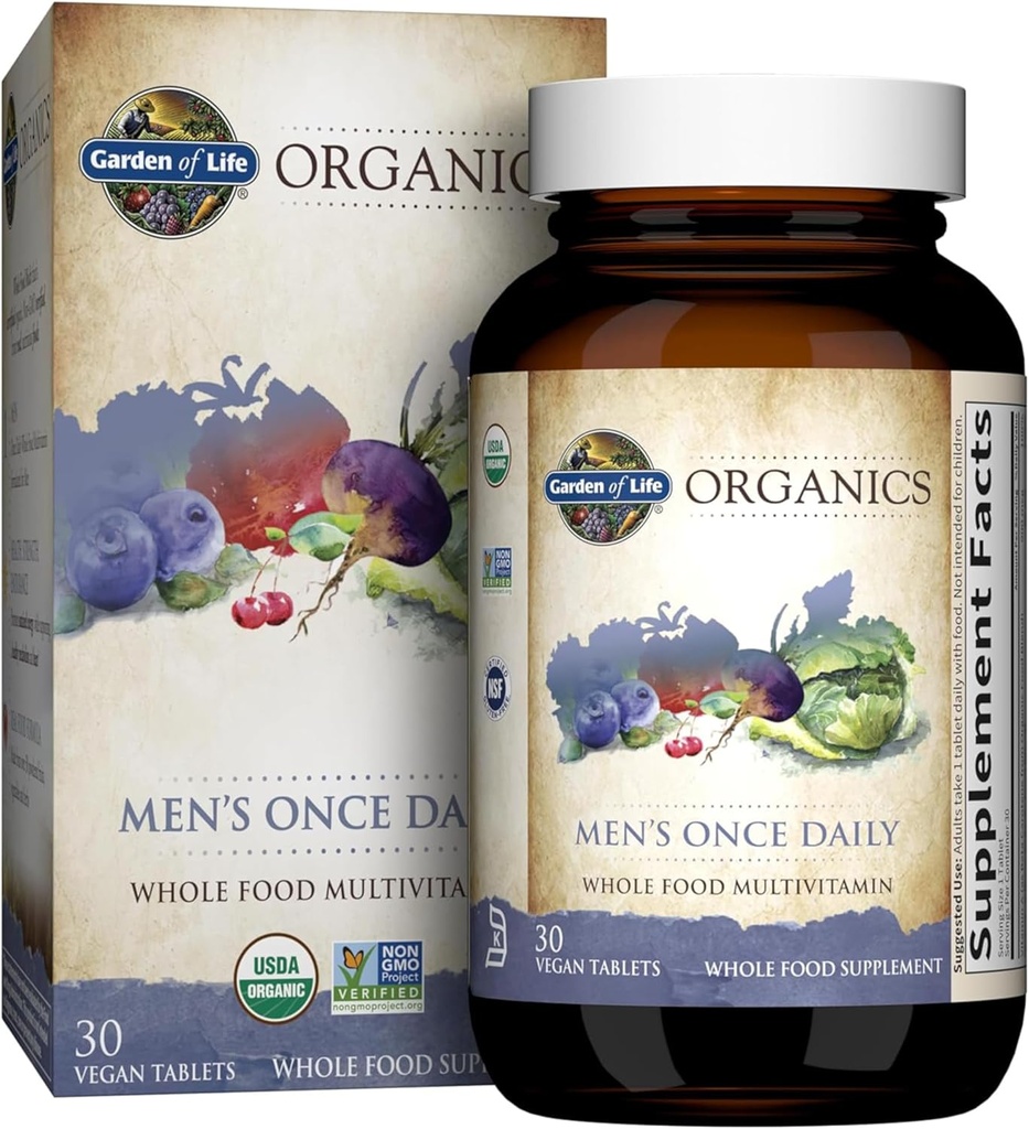 Garden of Life Once Daily Whole Food Multivitamin for Men, Organic Mens Vitamins & Minerals, Vitamin C, Zinc, Vegan, for Health & Well-Being, 30 Tablets