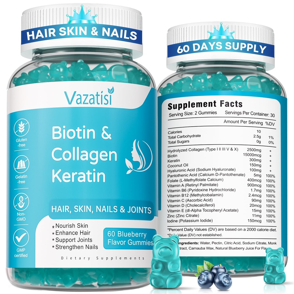2 Pack Biotin Gummies με κολλαγόνο & κερατίνη για τα νύχια του δέρματος των μαλλιών - γυναίκες άνδρες, παιδιά - 120 gummies με άρωμα βατόμουρου