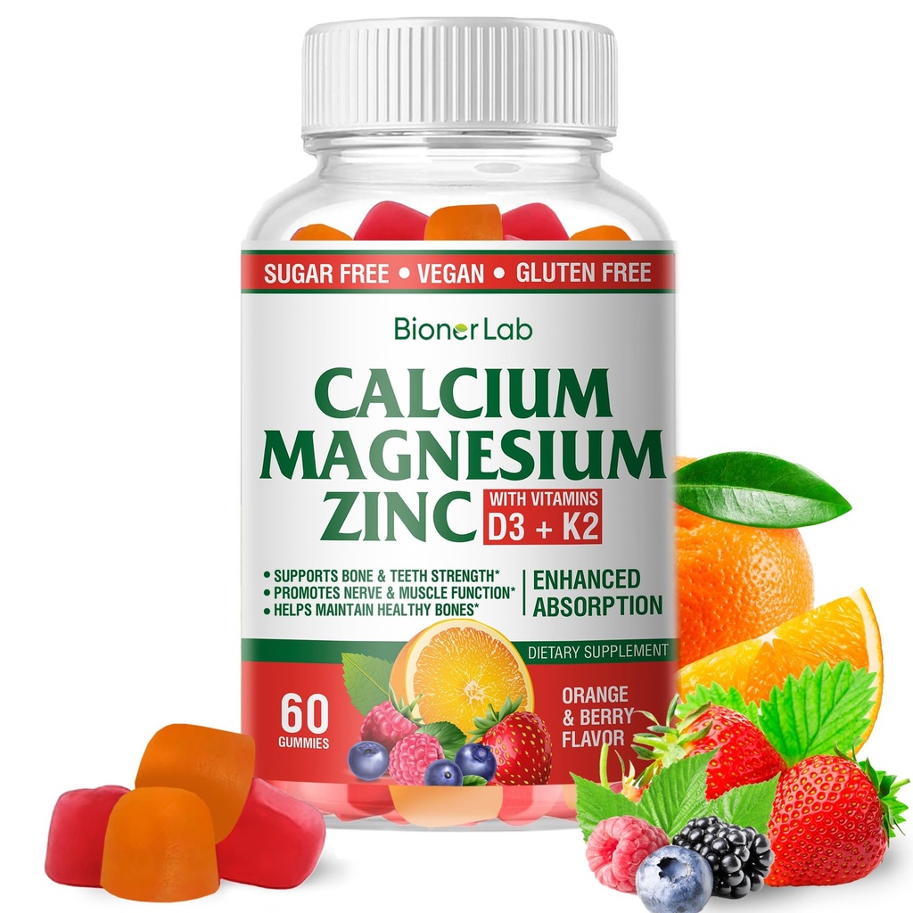 BionerLab Μαγνήσιο Μαγνήσιο Μαγνήσιο ψευδάργυρου Gummies με βιταμίνη D3 & K2 - Υψηλή ισχύς ενισχυμένη απορρόφηση - Πορτοκαλί και μούρο Γεύση