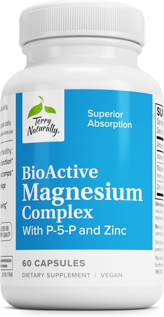 Terry Naturally BioActive Magnesium Complex - Bone & Heart Health Support - Supplement with Vitamin B6, Zinc & Magnesium - Pyridoxal-5-Phosphate Vegan Capsule Supplement - 60 Capsules