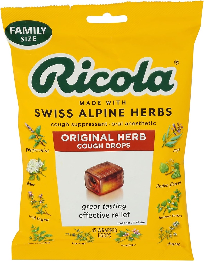 Ricola Original Herb Cough Drops, 45 Count, Cough Suppressant & Throat Ανακουφίζει σταγόνες με φυσικώς πηγασμένη μενθόλη, ευχάριστη γεύση βοτάνων & λαρυγγισμού