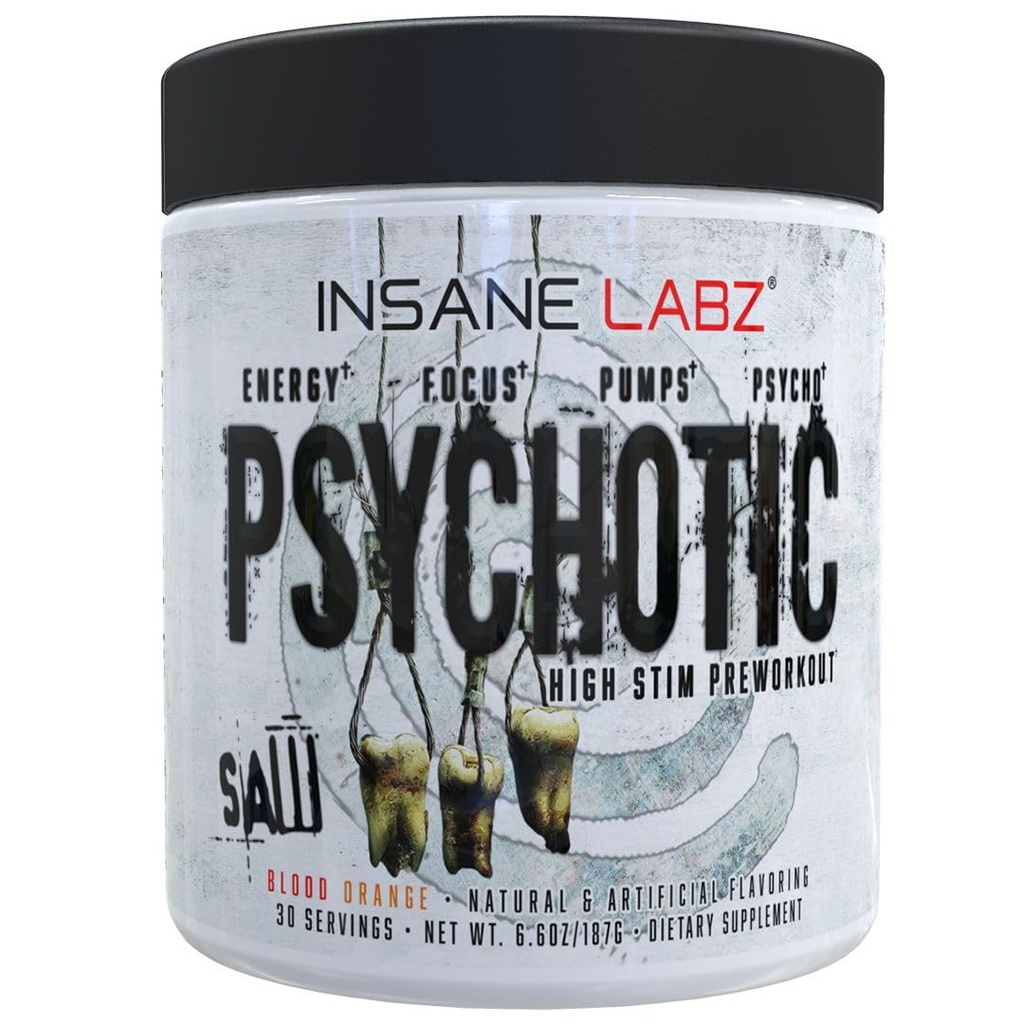 Ψυχωτικό πριόνι Insane Labz, Σκόνη γυμναστικής High Stim με OxyGold-TM και AMPiberry®,Extreme Διαρκής ενέργεια με Teacrine®,Focus με CognitIQ® και αντοχή (30 σερβιέτες, πορτοκάλι αίματος)