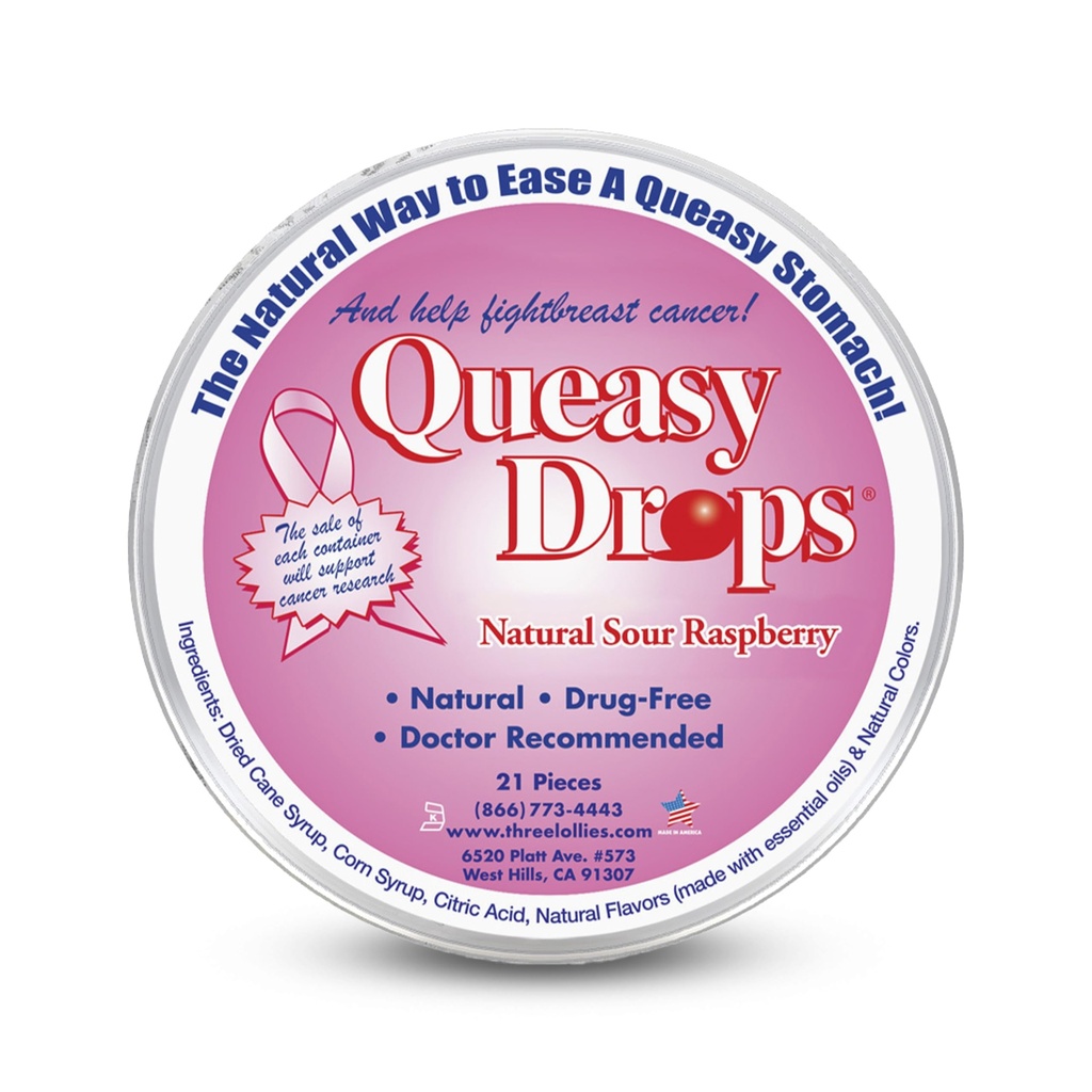 Τρεις Lolies Queasy Drops - Sour Raspberry Flavor - Ταξιδιωτική Ασθένεια & Ναυτία Ανακούφιση, Καταπραΰνει Στομάχι & Ξηρό Στόμα, Φυσικά Συστατικά - 21 ct
