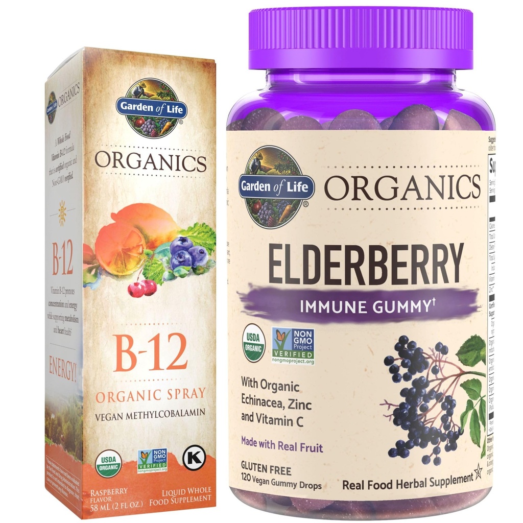 Κήπος της Ζωής Βιολογικά Elderberry Immune Gummies, 120 Count & B12 Βιταμίνη Raspberry Spray, 500mcg, 2oz