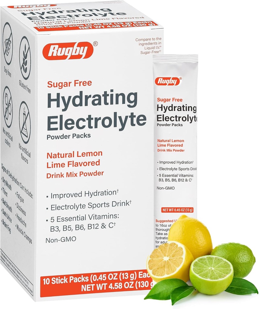 Rugby Sugar-Free Hydrating Electrolyte Powder Packs - Drink Mix Powder Packets with 5 Vitamins - Improved Hydration - Natural Lemon-Lime Flavor - 10 Stick Packs - 0.45 Oz Each (1 Pack)