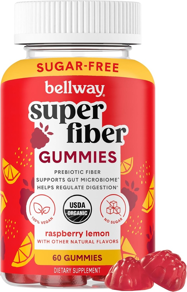 Bellway Super Fiber Gummies για ενήλικες - Ζάχαρη χωρίς οργανικές ίνες συμπλήρωμα Gummies με 4g ινών ανά υπηρεσία - Προβιοτική Chicory Root Fiber για Digestive Gut Health, Raspberry Lemon, 60 Count