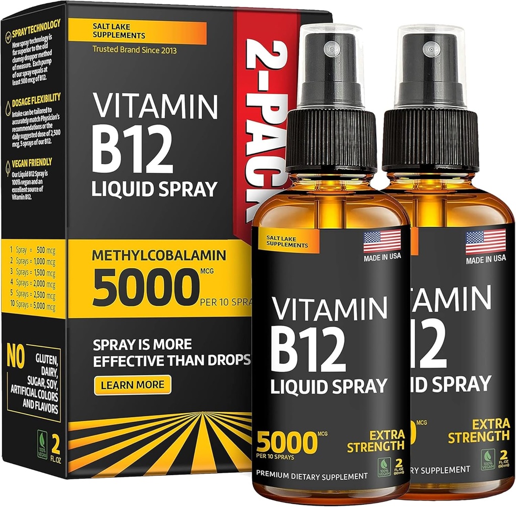 (2 Pack) - Υγρό B12 Spray 5000 mcg - Βιταμίνη B12 Υπογλώσσιο - Vegan B12 Βιταμίνη Spray - Μεθυλοκοβαλαμίνη Βιταμίνη B12 Υγρό Ενισχύει Ενέργεια & Mood - Χωρίς γλουτένη & Μη ΓΤΟ