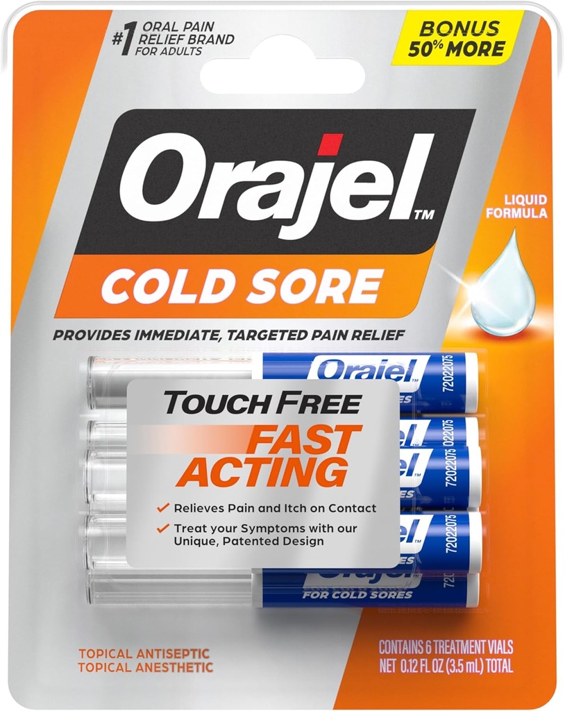Orajel Touch Free Cold Sore Treatment .12oz, Liquid Formula, παρέχει άμεση και στοχευμένη ανακούφιση πόνου, μέγεθος μπόνους, 6 Applicators.
